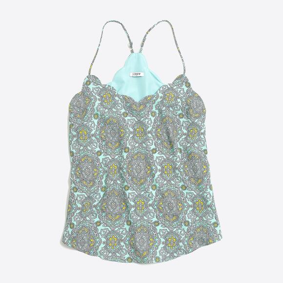 J Crew Tank Top Cami Tank Top Women 10 Green Medallion Print Scallop Top NWT - Picture 5 of 9